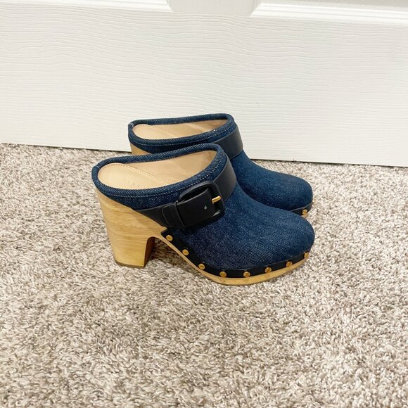 NWOT Veronica Beard Dacey Denim Leather Buckle Mule Clogs Heels Size 6.5 - Picture 6 of 8
